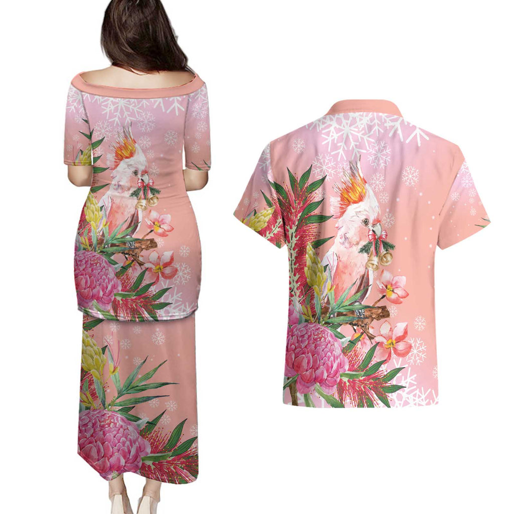 Australia Christmas Pink Cockatoo with Banksia Couples Matching Puletasi and Hawaiian Shirt Coral Pink - Aussie Hoodie