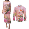 Australia Christmas Pink Cockatoo with Banksia Couples Matching Puletasi and Long Sleeve Button Shirt Coral Pink - Aussie Hoodie