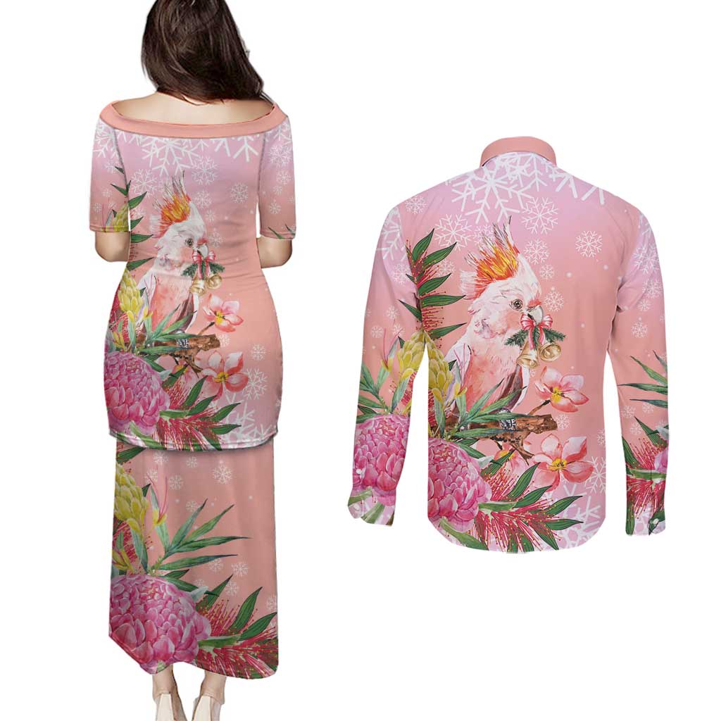 Australia Christmas Pink Cockatoo with Banksia Couples Matching Puletasi and Long Sleeve Button Shirt Coral Pink - Aussie Hoodie