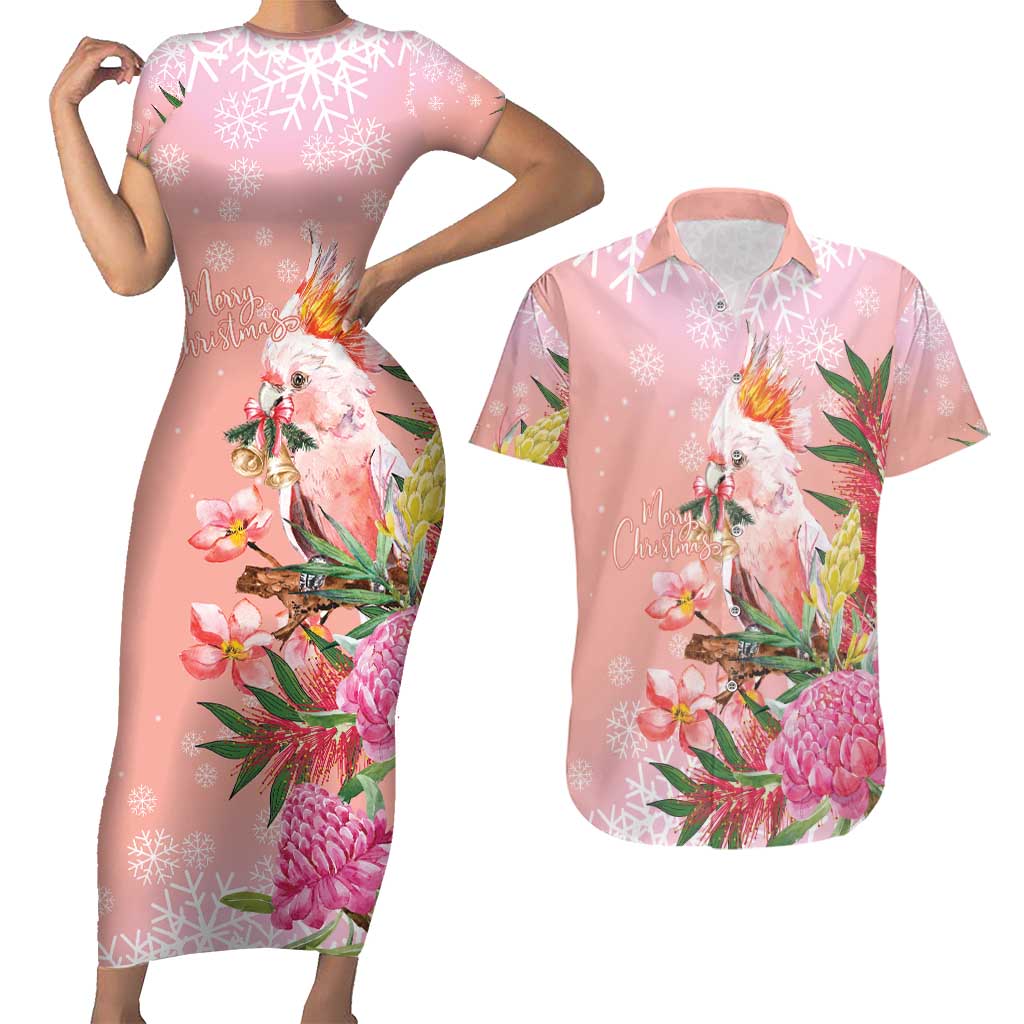 Australia Christmas Pink Cockatoo with Banksia Couples Matching Short Sleeve Bodycon Dress and Hawaiian Shirt Coral Pink - Aussie Hoodie