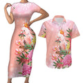 Australia Christmas Pink Cockatoo with Banksia Couples Matching Short Sleeve Bodycon Dress and Hawaiian Shirt Coral Pink - Aussie Hoodie