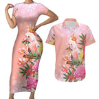 Australia Christmas Pink Cockatoo with Banksia Couples Matching Short Sleeve Bodycon Dress and Hawaiian Shirt Coral Pink - Aussie Hoodie