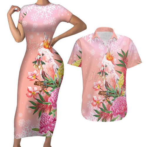 Australia Christmas Pink Cockatoo with Banksia Couples Matching Short Sleeve Bodycon Dress and Hawaiian Shirt Coral Pink - Aussie Hoodie