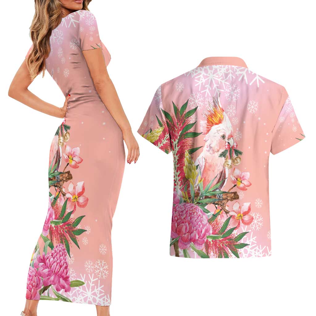 Australia Christmas Pink Cockatoo with Banksia Couples Matching Short Sleeve Bodycon Dress and Hawaiian Shirt Coral Pink - Aussie Hoodie