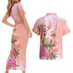 Australia Christmas Pink Cockatoo with Banksia Couples Matching Short Sleeve Bodycon Dress and Hawaiian Shirt Coral Pink - Aussie Hoodie