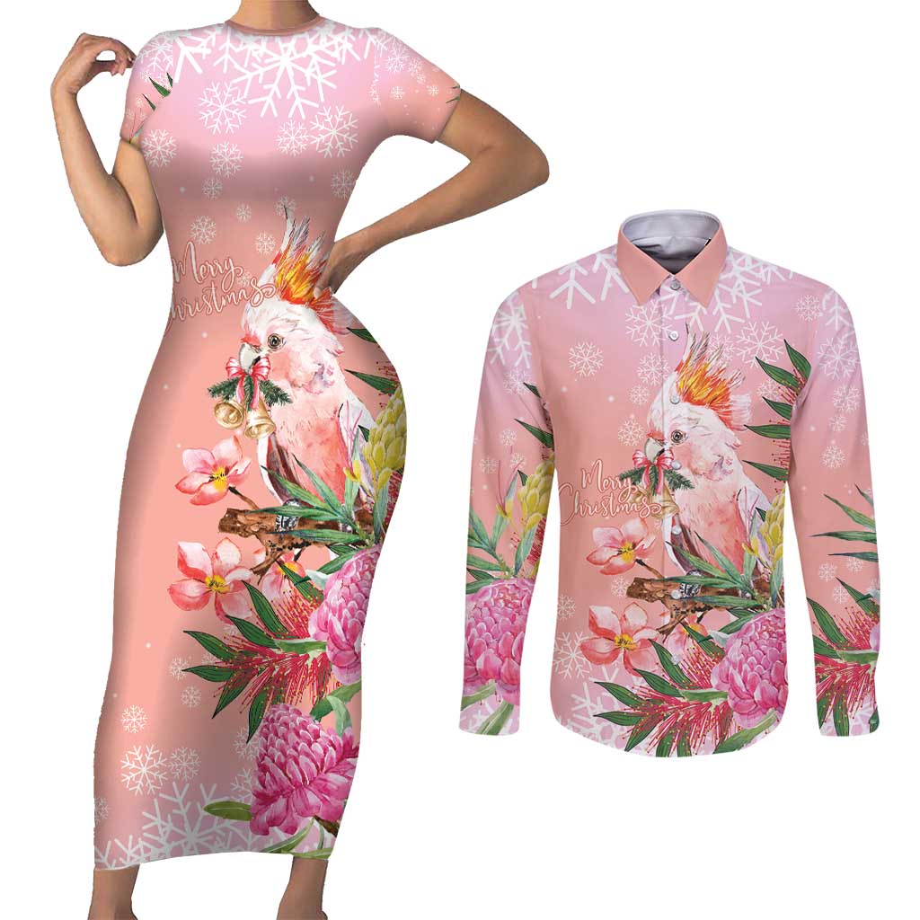 Australia Christmas Pink Cockatoo with Banksia Couples Matching Short Sleeve Bodycon Dress and Long Sleeve Button Shirt Coral Pink - Aussie Hoodie