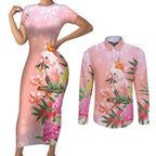Australia Christmas Pink Cockatoo with Banksia Couples Matching Short Sleeve Bodycon Dress and Long Sleeve Button Shirt Coral Pink - Aussie Hoodie