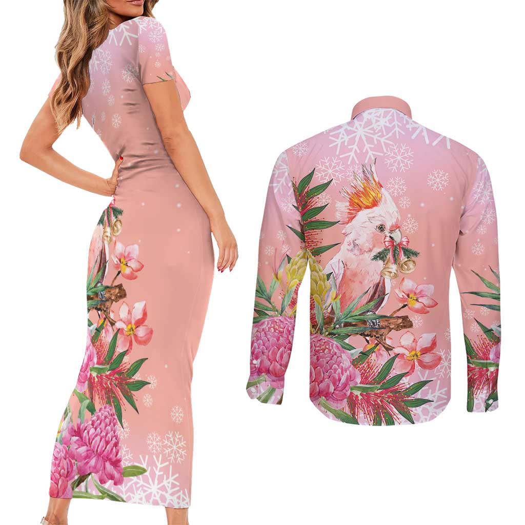 Australia Christmas Pink Cockatoo with Banksia Couples Matching Short Sleeve Bodycon Dress and Long Sleeve Button Shirt Coral Pink - Aussie Hoodie