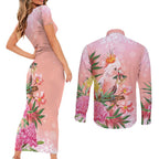 Australia Christmas Pink Cockatoo with Banksia Couples Matching Short Sleeve Bodycon Dress and Long Sleeve Button Shirt Coral Pink - Aussie Hoodie