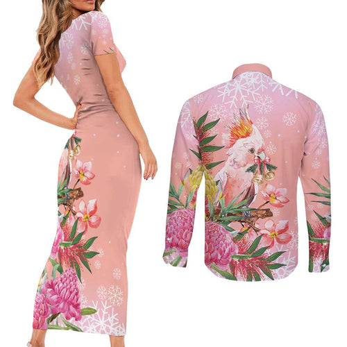 Australia Christmas Pink Cockatoo with Banksia Couples Matching Short Sleeve Bodycon Dress and Long Sleeve Button Shirt Coral Pink - Aussie Hoodie