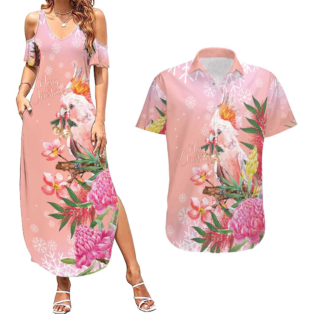 Australia Christmas Pink Cockatoo with Banksia Couples Matching Summer Maxi Dress and Hawaiian Shirt Coral Pink - Aussie Hoodie