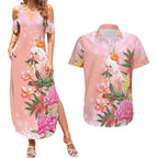 Australia Christmas Pink Cockatoo with Banksia Couples Matching Summer Maxi Dress and Hawaiian Shirt Coral Pink - Aussie Hoodie