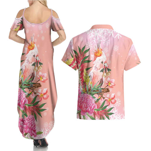 Australia Christmas Pink Cockatoo with Banksia Couples Matching Summer Maxi Dress and Hawaiian Shirt Coral Pink - Aussie Hoodie