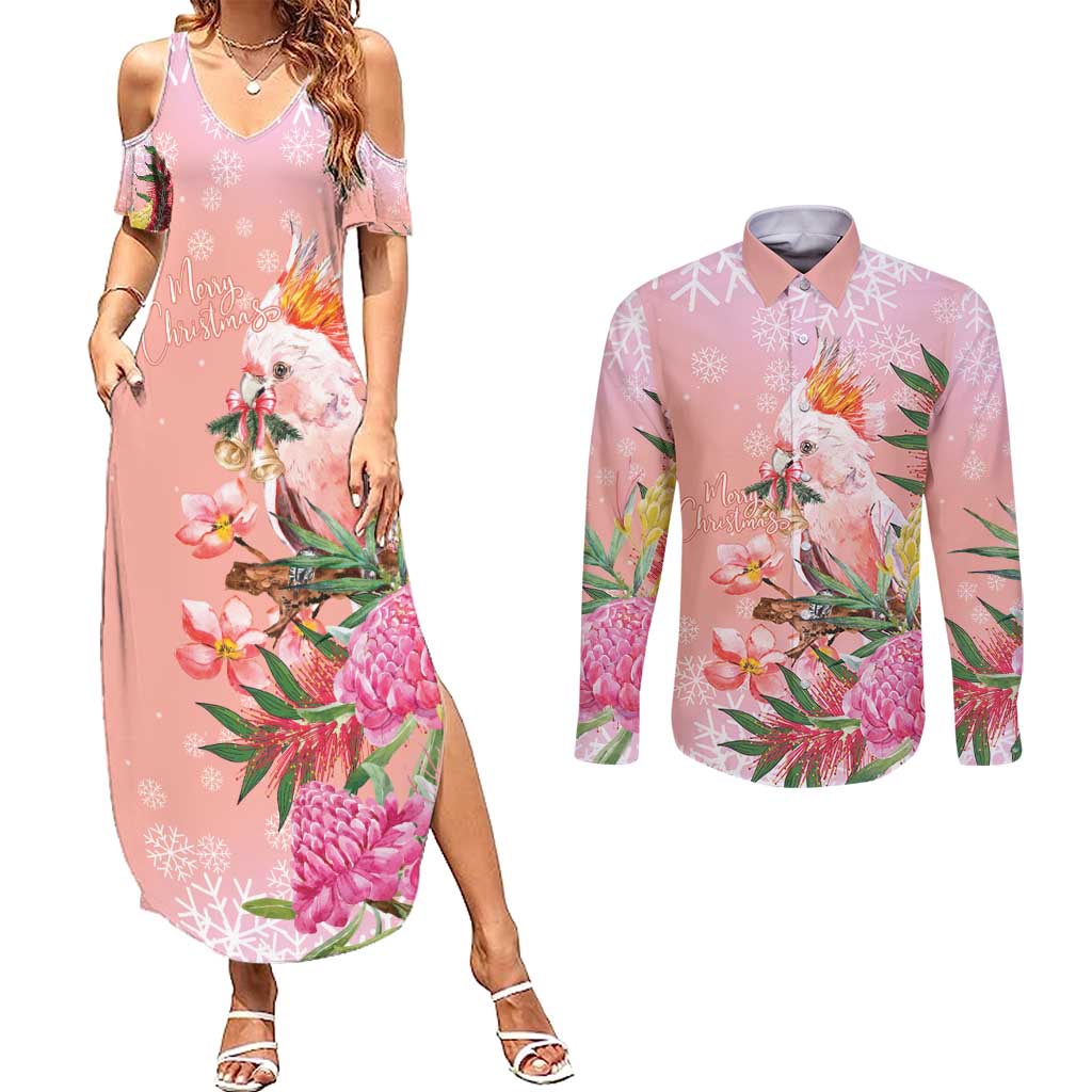 Australia Christmas Pink Cockatoo with Banksia Couples Matching Summer Maxi Dress and Long Sleeve Button Shirt Coral Pink - Aussie Hoodie