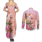 Australia Christmas Pink Cockatoo with Banksia Couples Matching Summer Maxi Dress and Long Sleeve Button Shirt Coral Pink - Aussie Hoodie