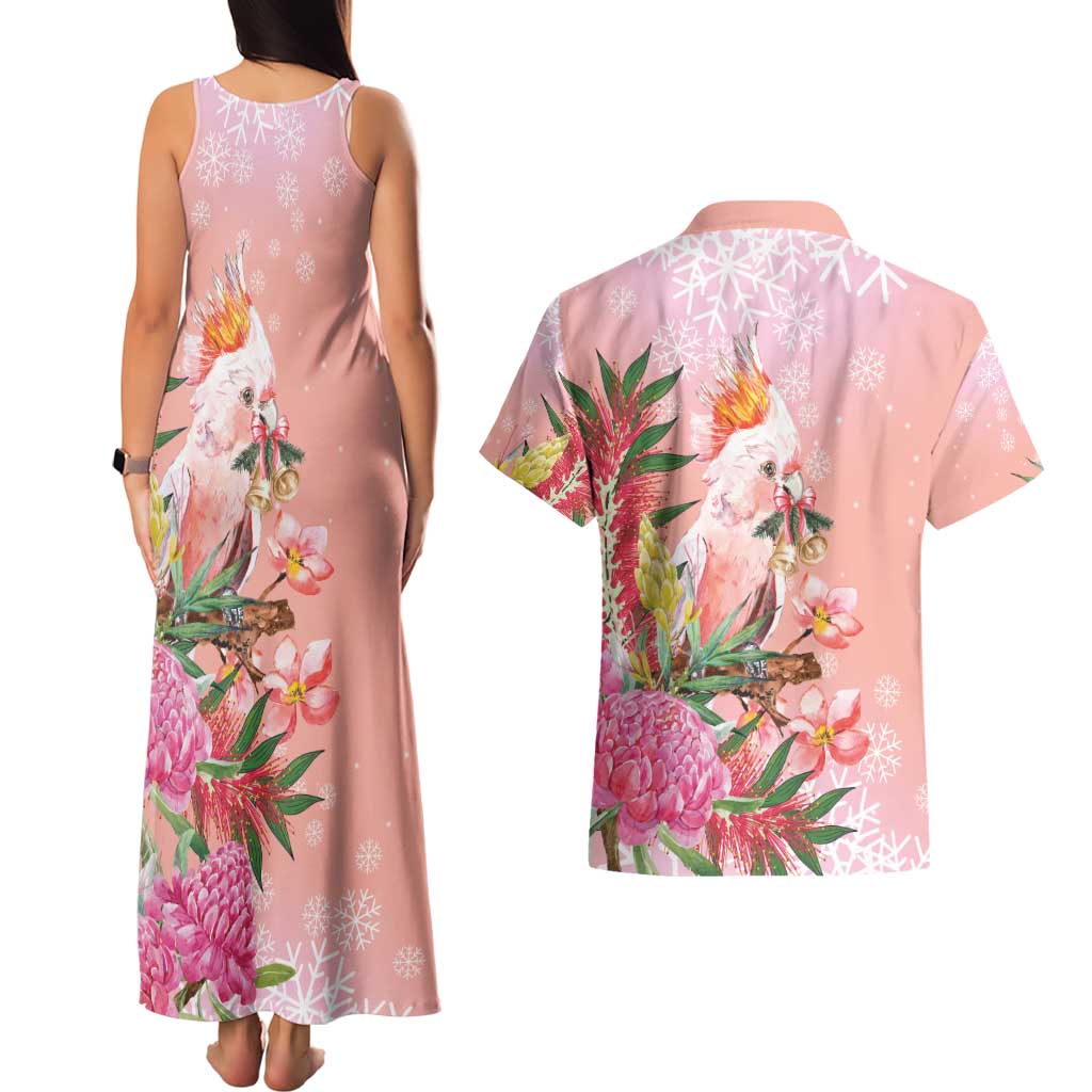 Australia Christmas Pink Cockatoo with Banksia Couples Matching Tank Maxi Dress and Hawaiian Shirt Coral Pink - Aussie Hoodie