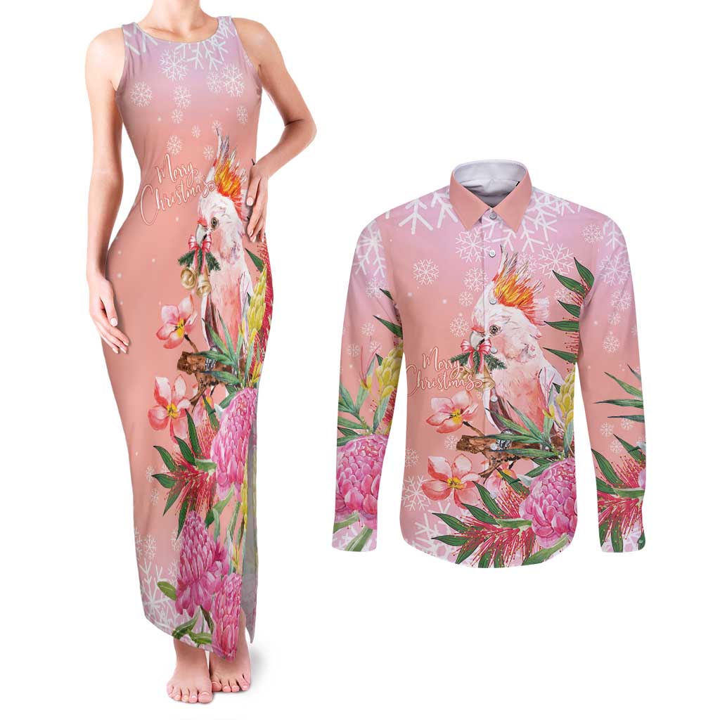 Australia Christmas Pink Cockatoo with Banksia Couples Matching Tank Maxi Dress and Long Sleeve Button Shirt Coral Pink - Aussie Hoodie