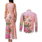 Australia Christmas Pink Cockatoo with Banksia Couples Matching Tank Maxi Dress and Long Sleeve Button Shirt Coral Pink - Aussie Hoodie