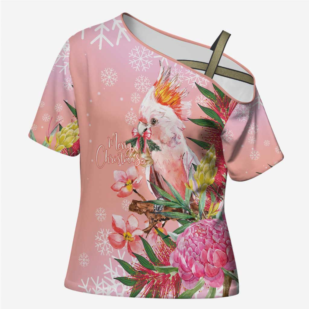Australia Christmas Pink Cockatoo with Banksia Cross Shoulder Shirt Coral Pink - Aussie Hoodie