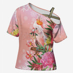 Australia Christmas Pink Cockatoo with Banksia Cross Shoulder Shirt Coral Pink - Aussie Hoodie