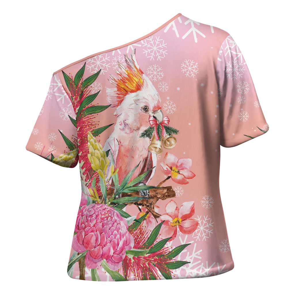 Australia Christmas Pink Cockatoo with Banksia Cross Shoulder Shirt Coral Pink - Aussie Hoodie