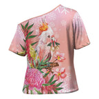 Australia Christmas Pink Cockatoo with Banksia Cross Shoulder Shirt Coral Pink - Aussie Hoodie