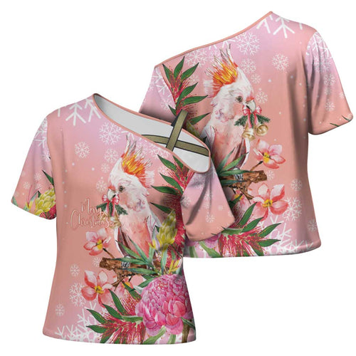 Australia Christmas Pink Cockatoo with Banksia Cross Shoulder Shirt Coral Pink - Aussie Hoodie