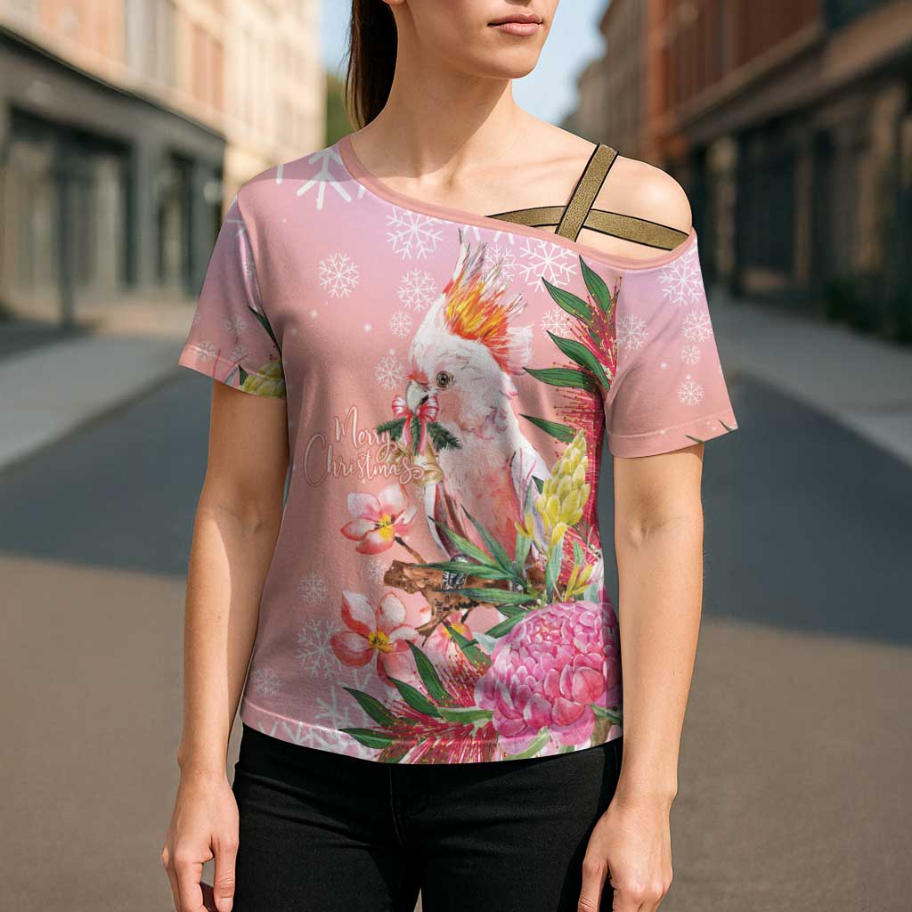 Australia Christmas Pink Cockatoo with Banksia Cross Shoulder Shirt Coral Pink - Aussie Hoodie
