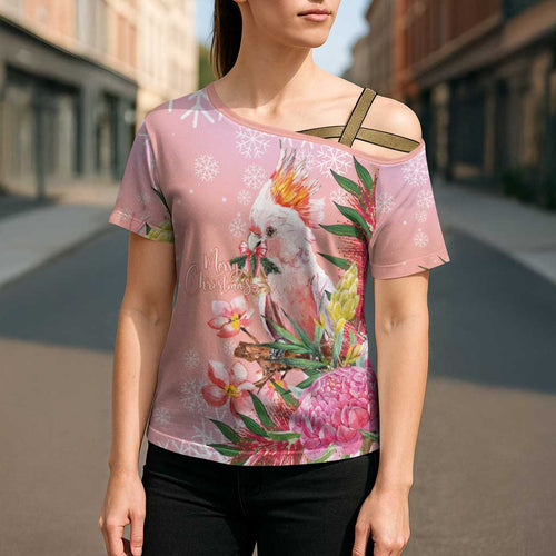 Australia Christmas Pink Cockatoo with Banksia Cross Shoulder Shirt Coral Pink - Aussie Hoodie