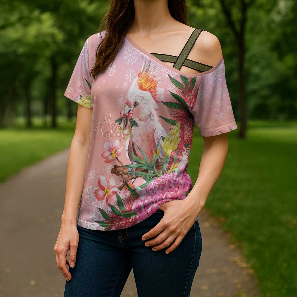 Australia Christmas Pink Cockatoo with Banksia Cross Shoulder Shirt Coral Pink - Aussie Hoodie
