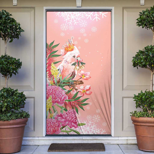Australia Christmas Pink Cockatoo with Banksia Door Cover Coral Pink - Aussie Hoodie