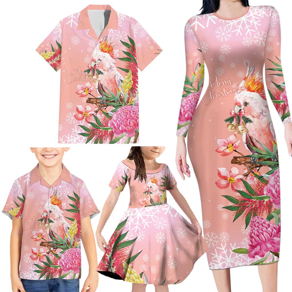 Australia Christmas Pink Cockatoo with Banksia Family Matching Long Sleeve Bodycon Dress and Hawaiian Shirt Coral Pink - Aussie Hoodie