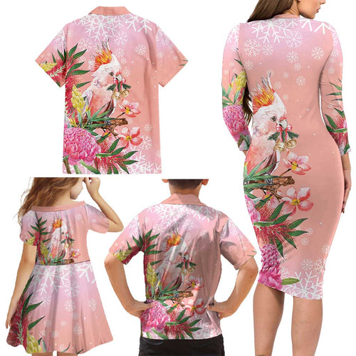 Australia Christmas Pink Cockatoo with Banksia Family Matching Long Sleeve Bodycon Dress and Hawaiian Shirt Coral Pink - Aussie Hoodie