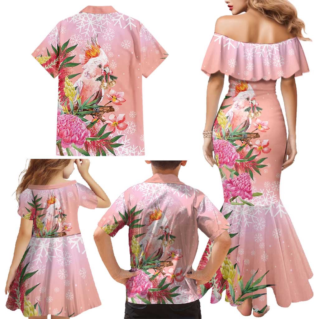 Australia Christmas Pink Cockatoo with Banksia Family Matching Mermaid Dress and Hawaiian Shirt Coral Pink - Aussie Hoodie