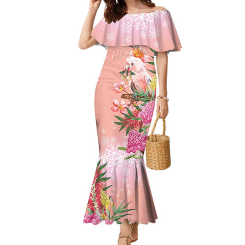 Australia Christmas Pink Cockatoo with Banksia Family Matching Mermaid Dress and Hawaiian Shirt Coral Pink - Aussie Hoodie