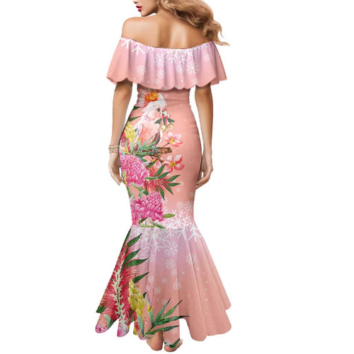 Australia Christmas Pink Cockatoo with Banksia Family Matching Mermaid Dress and Hawaiian Shirt Coral Pink - Aussie Hoodie