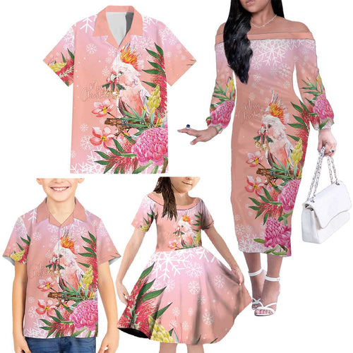 Australia Christmas Pink Cockatoo with Banksia Family Matching Off The Shoulder Long Sleeve Dress and Hawaiian Shirt Coral Pink - Aussie Hoodie
