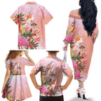 Australia Christmas Pink Cockatoo with Banksia Family Matching Off The Shoulder Long Sleeve Dress and Hawaiian Shirt Coral Pink - Aussie Hoodie