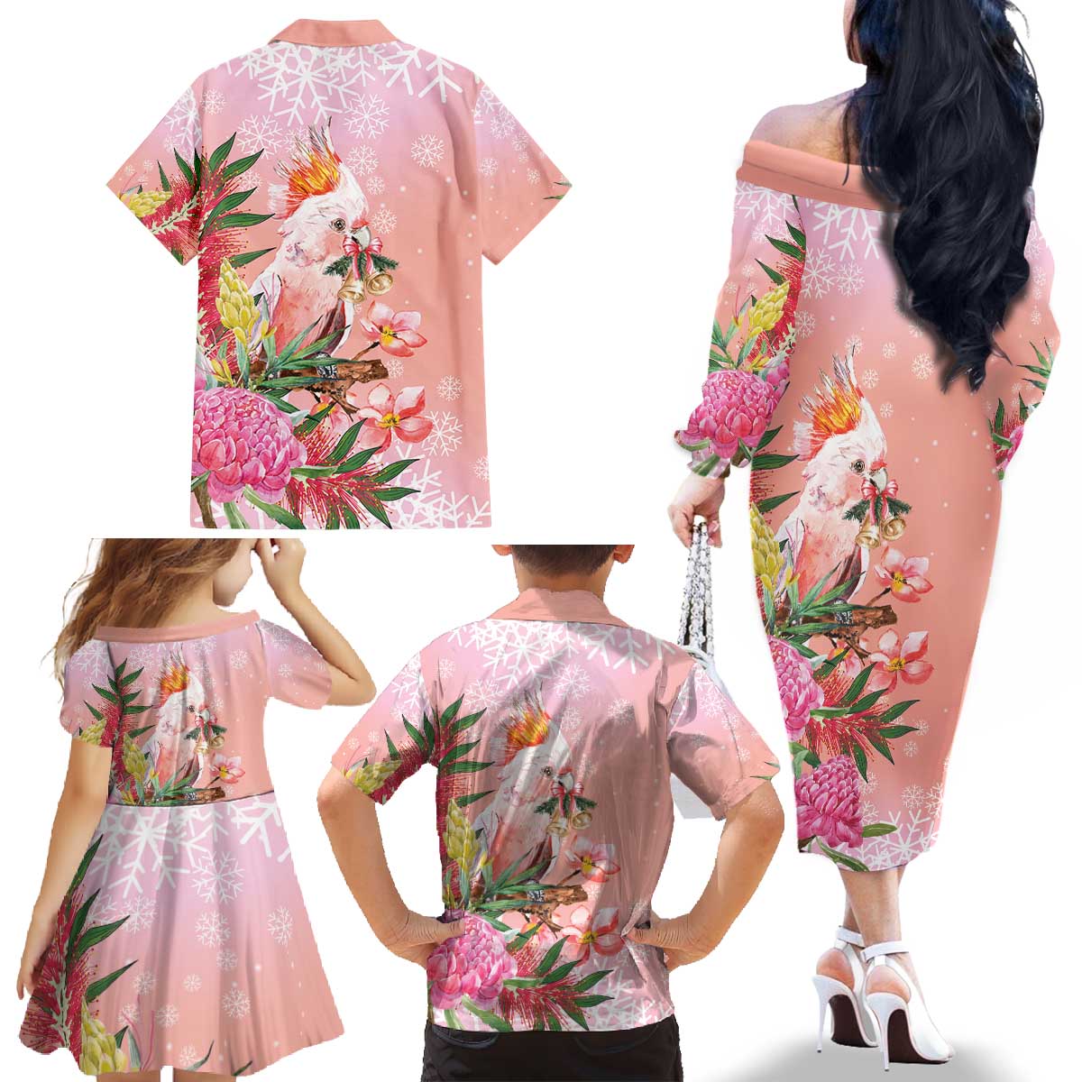 Australia Christmas Pink Cockatoo with Banksia Family Matching Off The Shoulder Long Sleeve Dress and Hawaiian Shirt Coral Pink - Aussie Hoodie