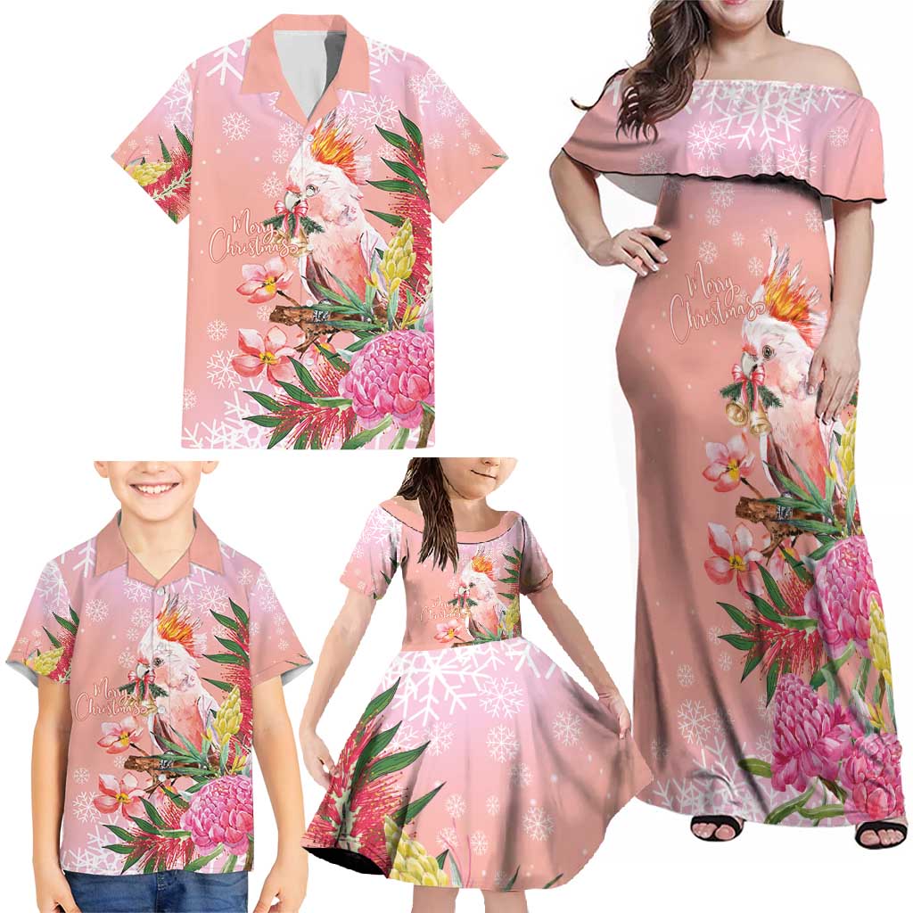 Australia Christmas Pink Cockatoo with Banksia Family Matching Off Shoulder Maxi Dress and Hawaiian Shirt Coral Pink - Aussie Hoodie