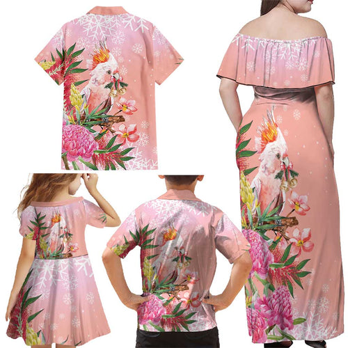 Australia Christmas Pink Cockatoo with Banksia Family Matching Off Shoulder Maxi Dress and Hawaiian Shirt Coral Pink - Aussie Hoodie