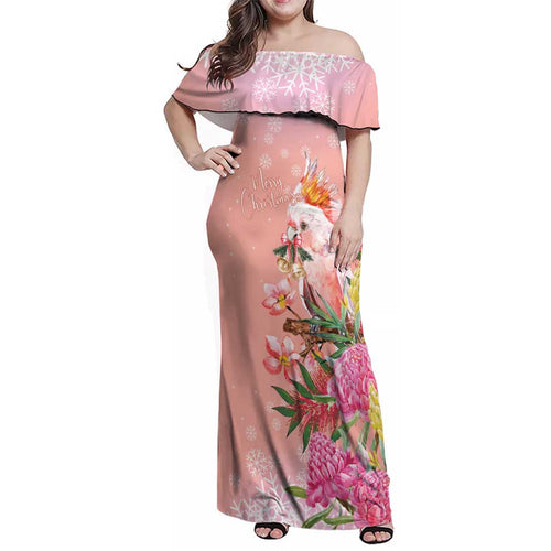 Australia Christmas Pink Cockatoo with Banksia Family Matching Off Shoulder Maxi Dress and Hawaiian Shirt Coral Pink - Aussie Hoodie
