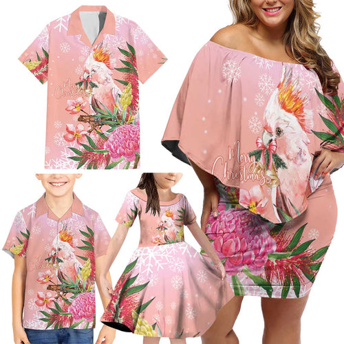 Australia Christmas Pink Cockatoo with Banksia Family Matching Off Shoulder Short Dress and Hawaiian Shirt Coral Pink - Aussie Hoodie
