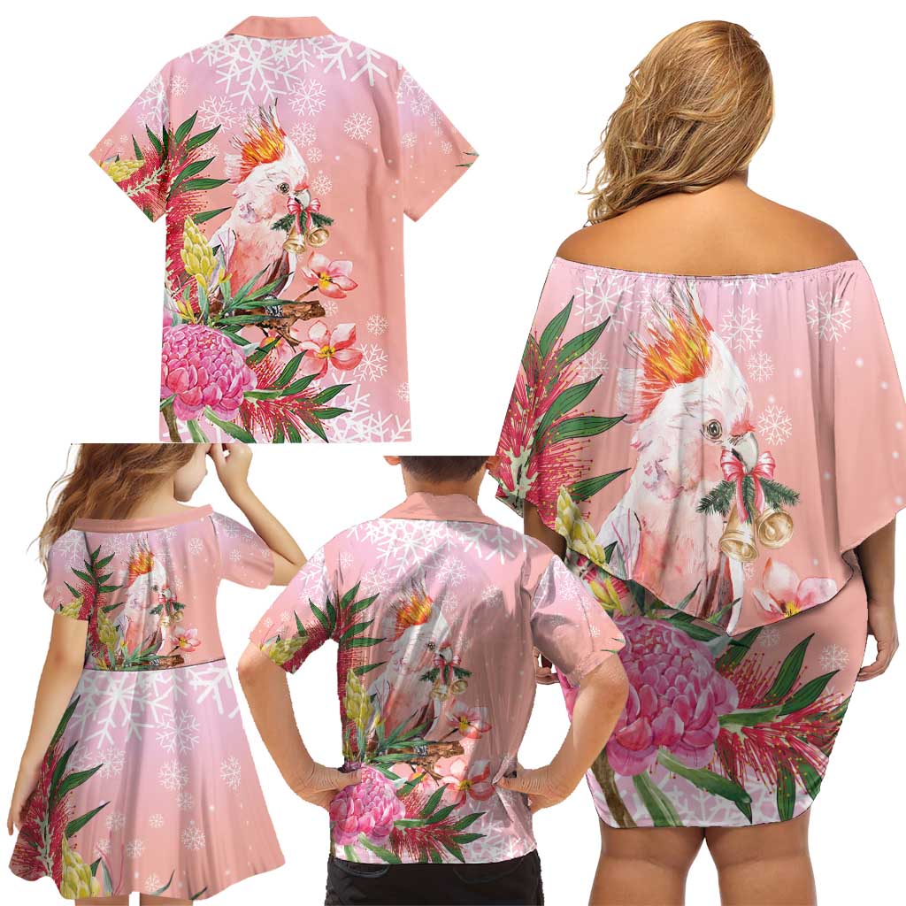 Australia Christmas Pink Cockatoo with Banksia Family Matching Off Shoulder Short Dress and Hawaiian Shirt Coral Pink - Aussie Hoodie