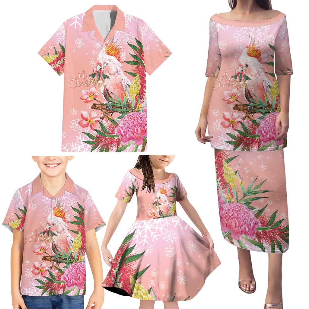 Australia Christmas Pink Cockatoo with Banksia Family Matching Puletasi and Hawaiian Shirt Coral Pink - Aussie Hoodie