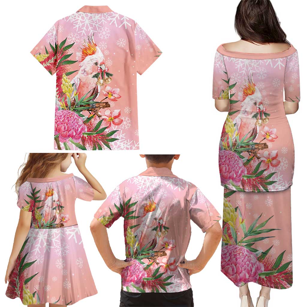 Australia Christmas Pink Cockatoo with Banksia Family Matching Puletasi and Hawaiian Shirt Coral Pink - Aussie Hoodie