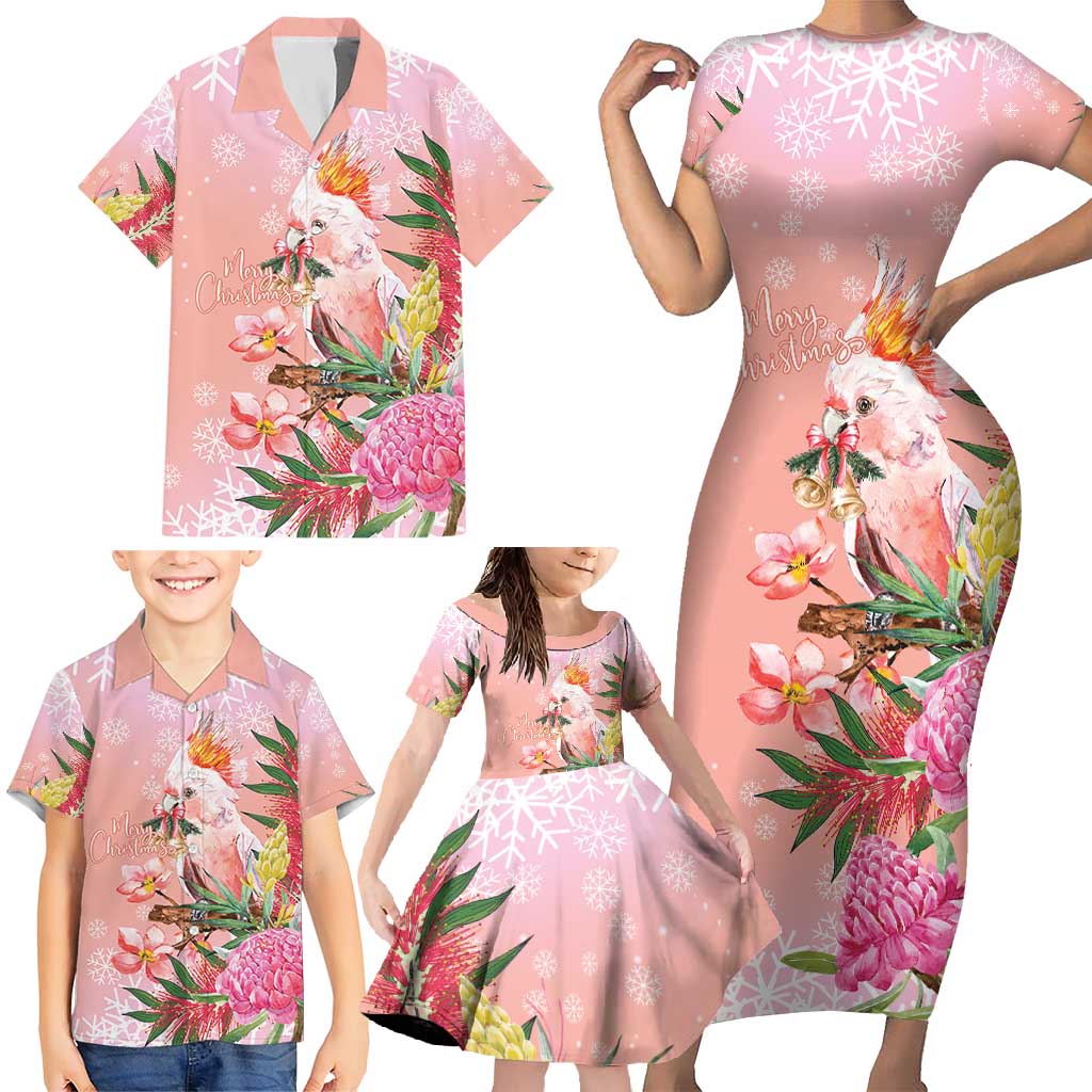 Australia Christmas Pink Cockatoo with Banksia Family Matching Short Sleeve Bodycon Dress and Hawaiian Shirt Coral Pink - Aussie Hoodie