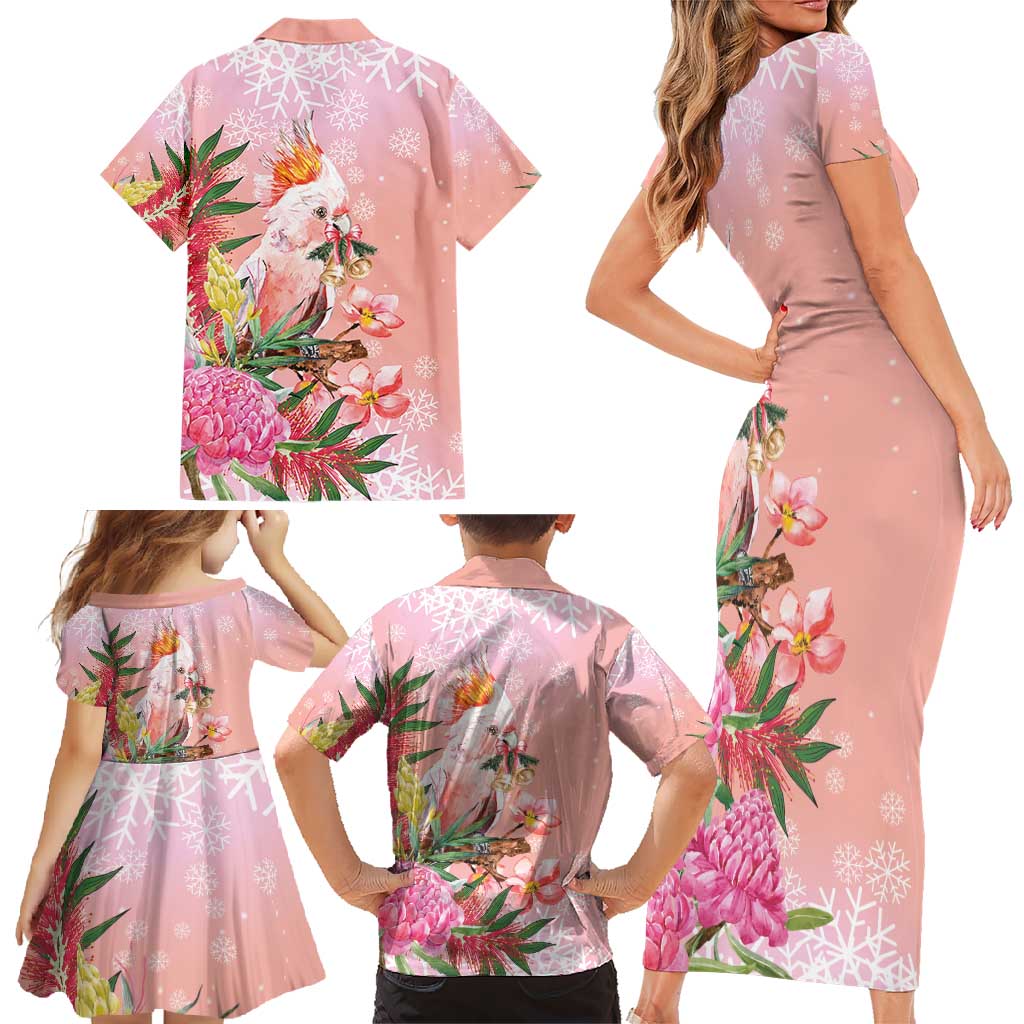 Australia Christmas Pink Cockatoo with Banksia Family Matching Short Sleeve Bodycon Dress and Hawaiian Shirt Coral Pink - Aussie Hoodie