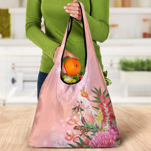 Australia Christmas Pink Cockatoo with Banksia Grocery Bag Coral Pink - Aussie Hoodie