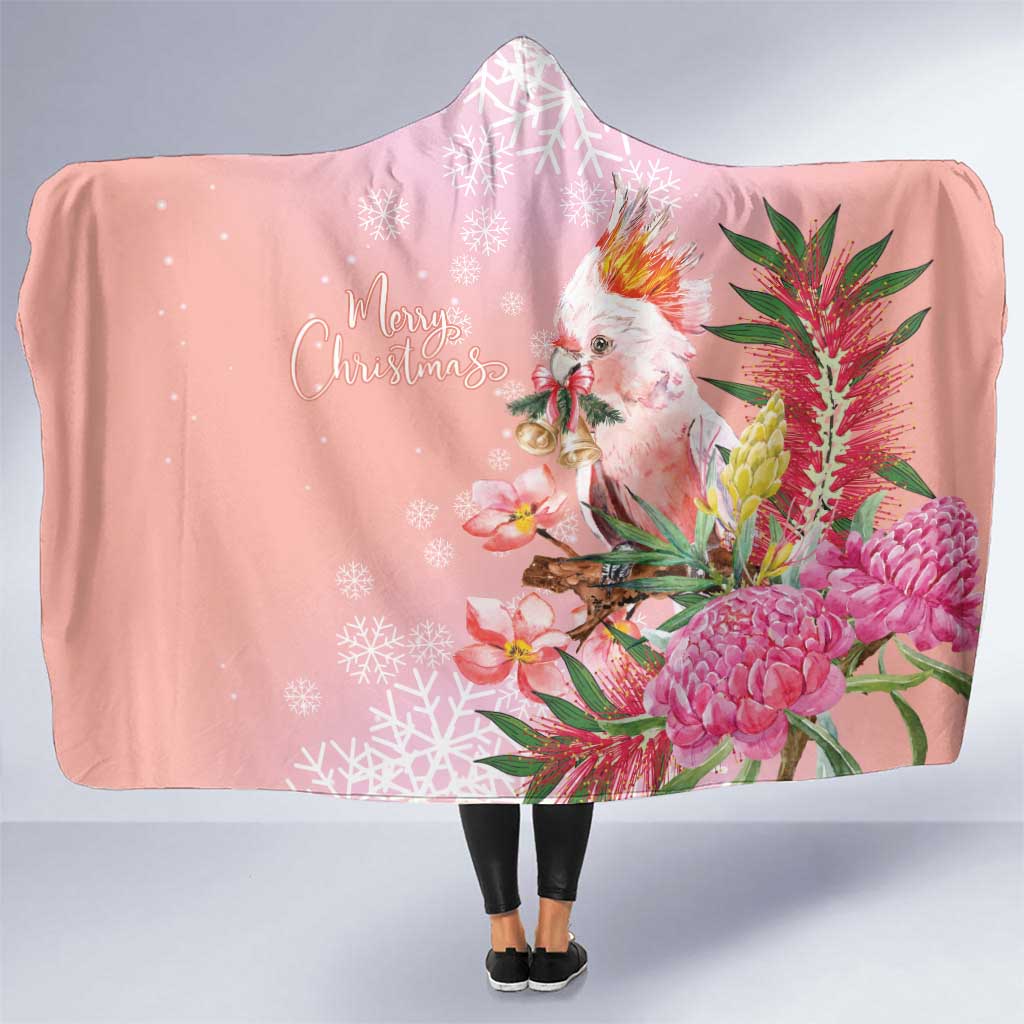 Australia Christmas Pink Cockatoo with Banksia Hooded Blanket Coral Pink - Aussie Hoodie